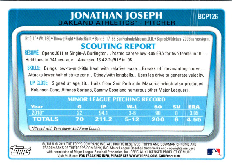 2011 Bowman Chrome Prospects Jonathan Joseph