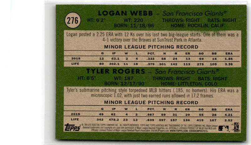 2020 Topps Heritage Logan Webb/ Tyler Rogers