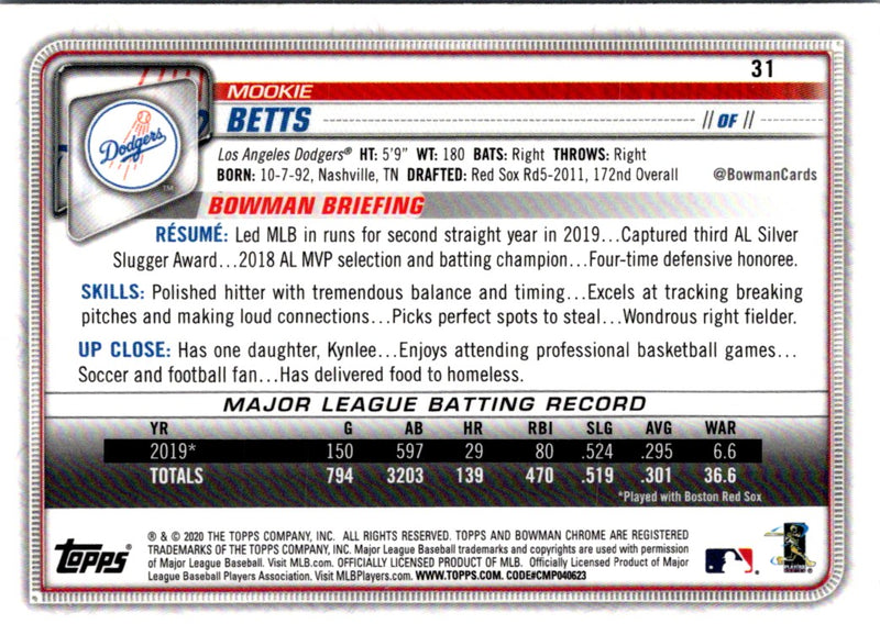 2020 Bowman Chrome Mookie Betts