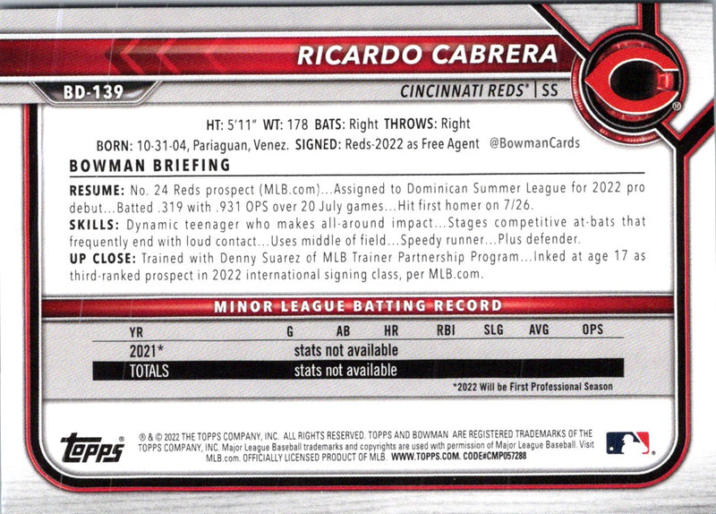 2022 Bowman Draft Baseball Ricardo Cabrera