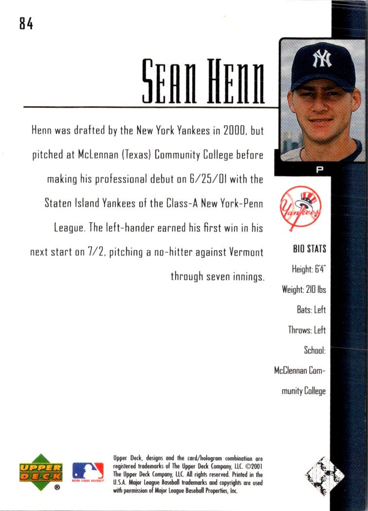 2001 Upper Deck Prospect Premieres Sean Henn