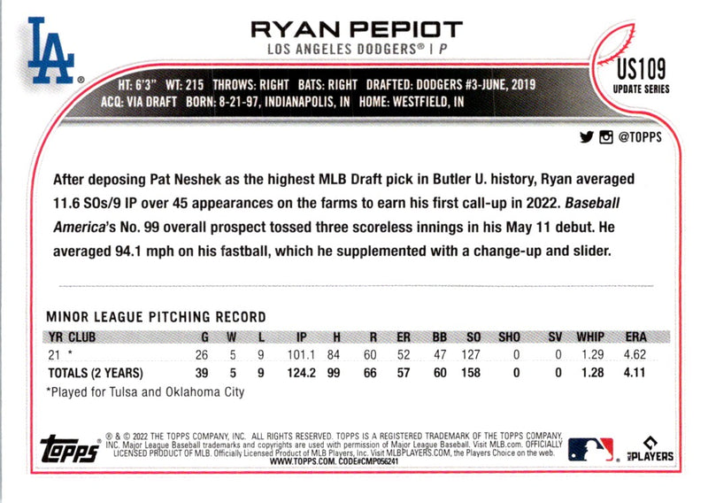 2022 Topps Update Ryan Pepiot