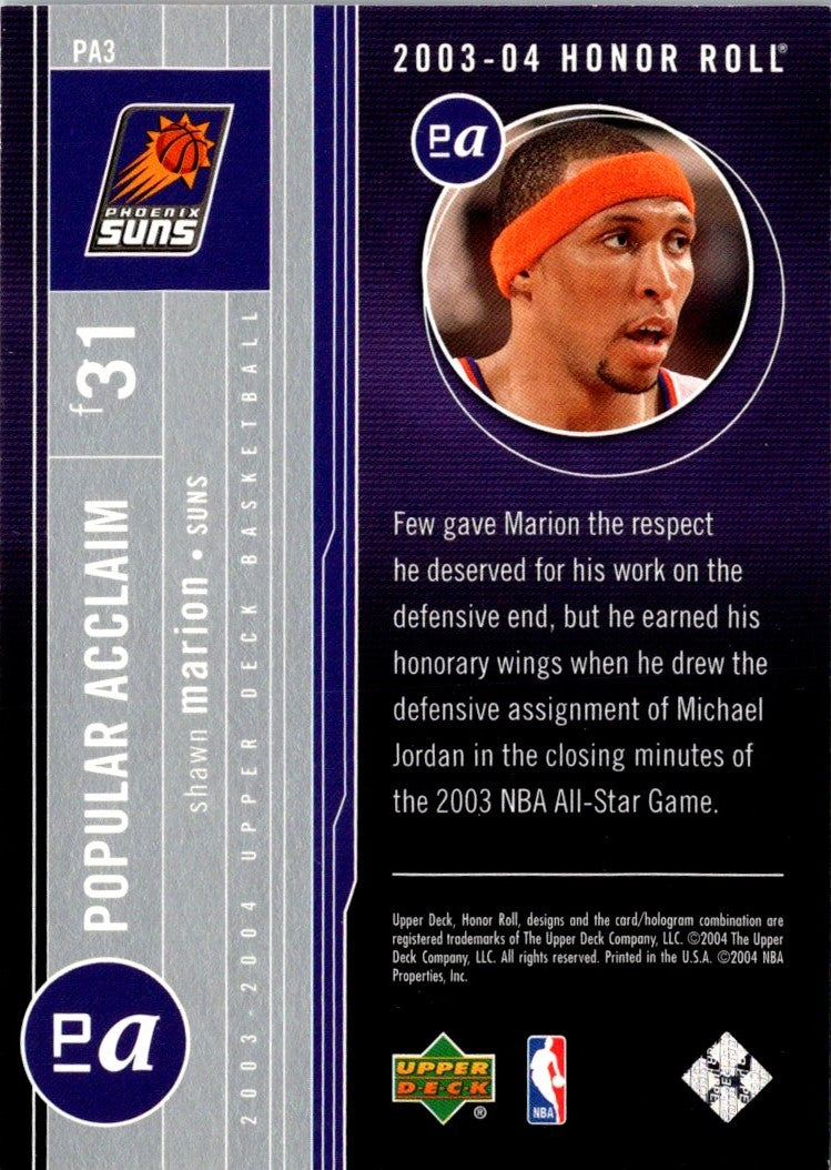 2003 Upper Deck Honor Roll Popular Acclaim Shawn Marion