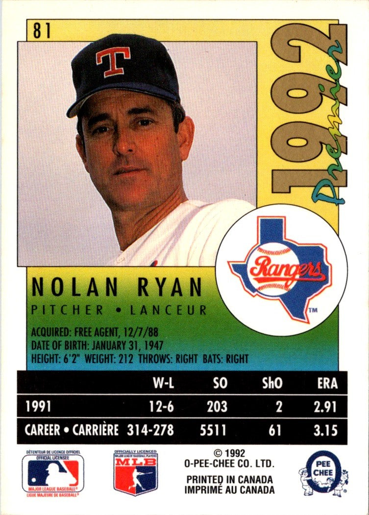 1992 O-Pee-Chee Premier Nolan Ryan
