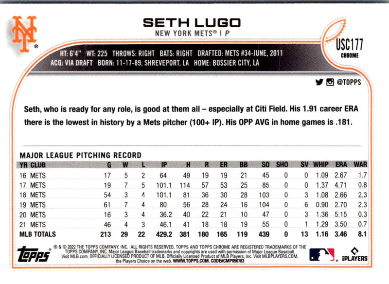 2022 Topps Chrome Update Seth Lugo