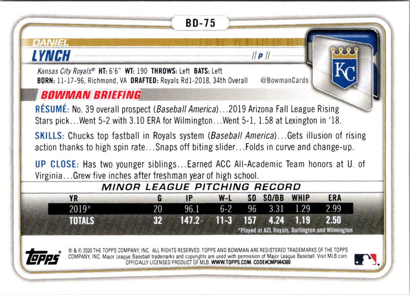 2020 Bowman Draft 1st Edition Daniel Lynch