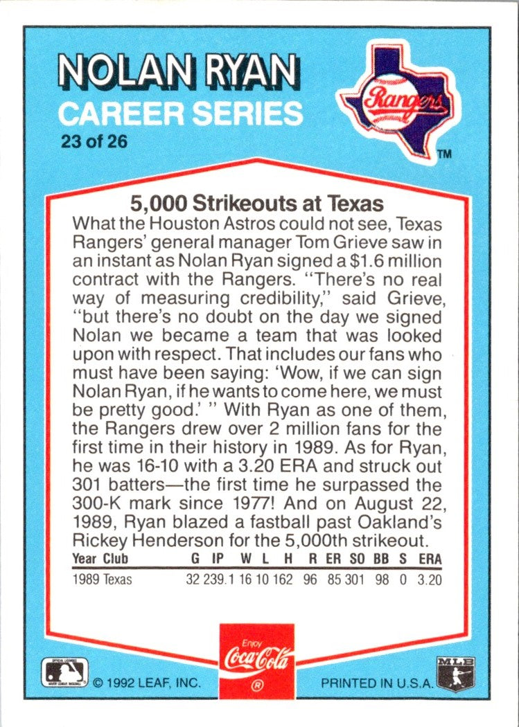 1992 Donruss Coca-Cola Nolan Ryan Nolan Ryan