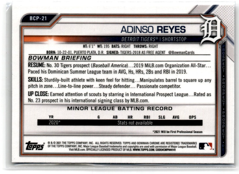 2021 Bowman Chrome Prospects Adinso Reyes