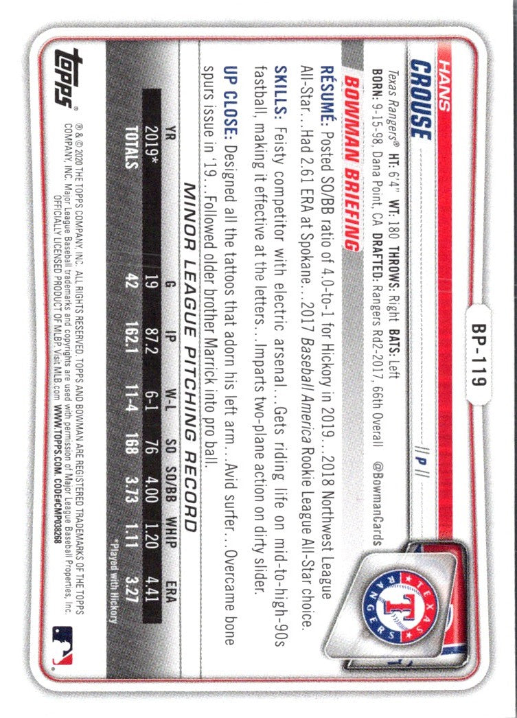 2020 Bowman Prospects Hans Crouse