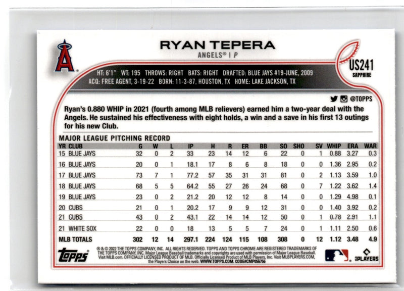 2022 Topps Chrome Update Sapphire Edition Ryan Tepera