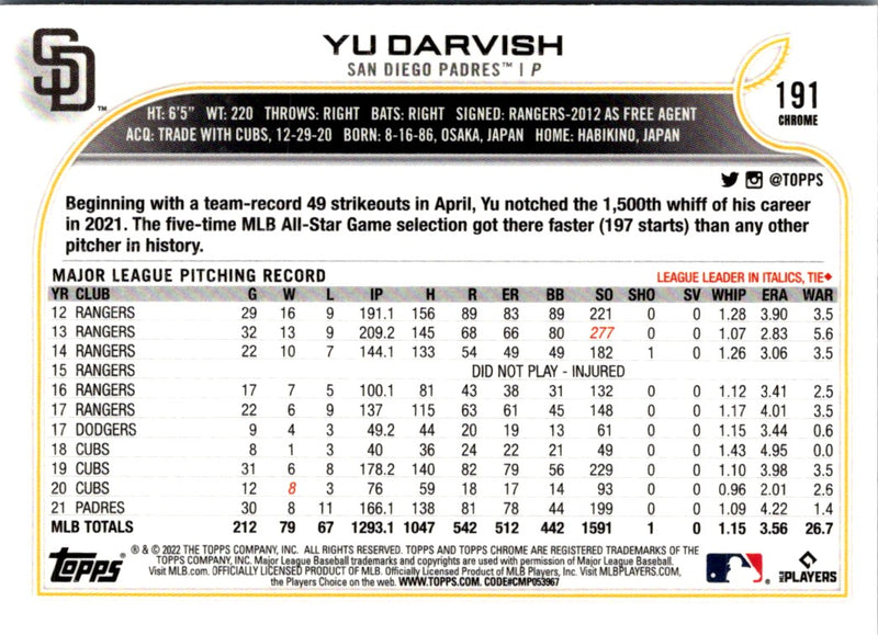 2022 Topps Chrome Yu Darvish