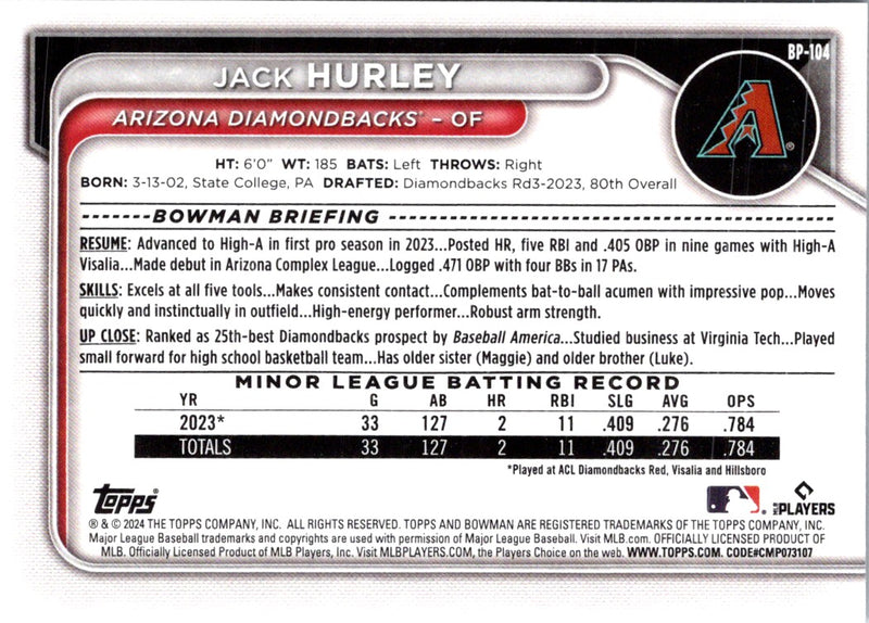 2024 Bowman Prospects Jack Hurley