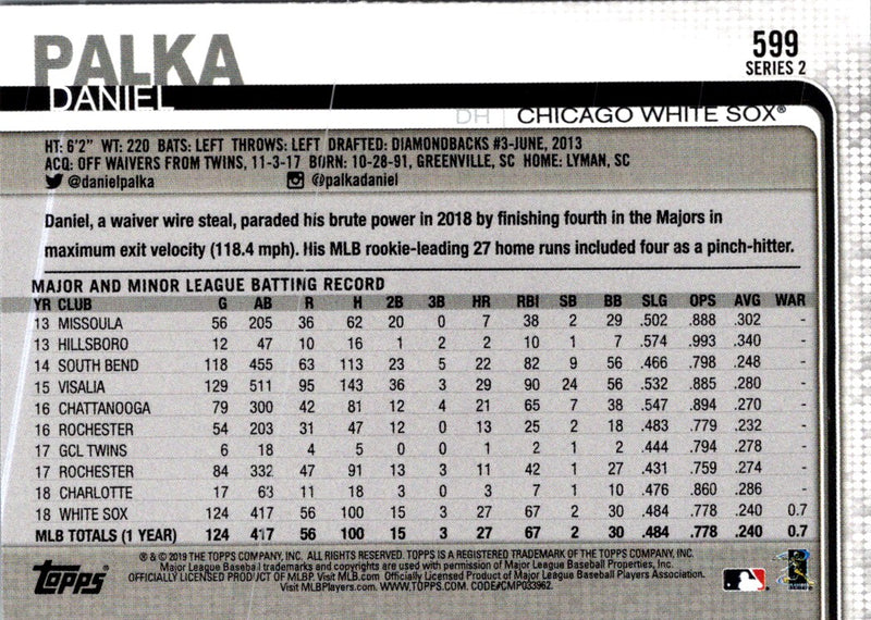 2019 Topps Chicago White Sox Daniel Palka