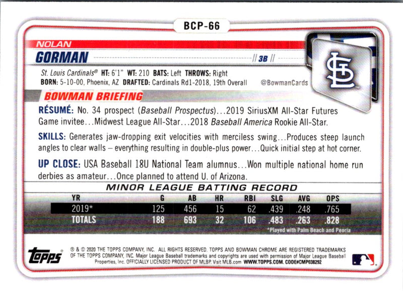 2020 Bowman Chrome Prospects Nolan Gorman