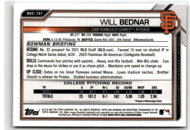 2021 Bowman Draft Chrome Will Bednar