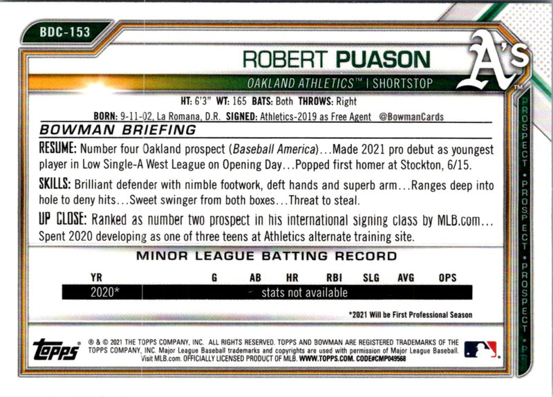 2021 Bowman Draft Chrome Robert Puason