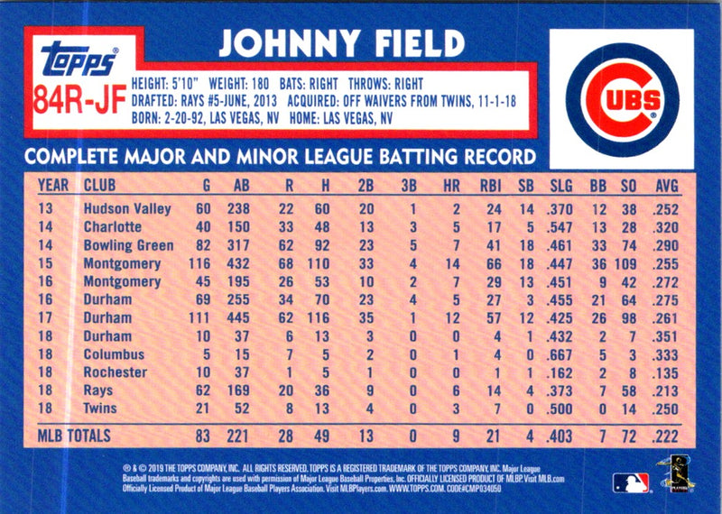 2019 Topps 1984 Baseball Rookies Gold Johnny Field