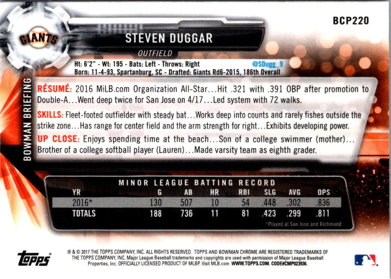 2017 Bowman Chrome Prospects Steven Duggar