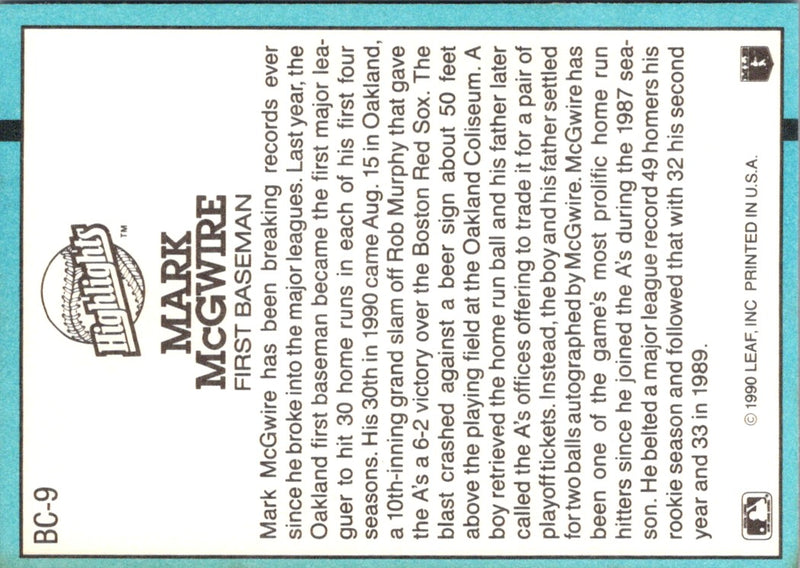 1991 Donruss Bonus Cards Mark McGwire