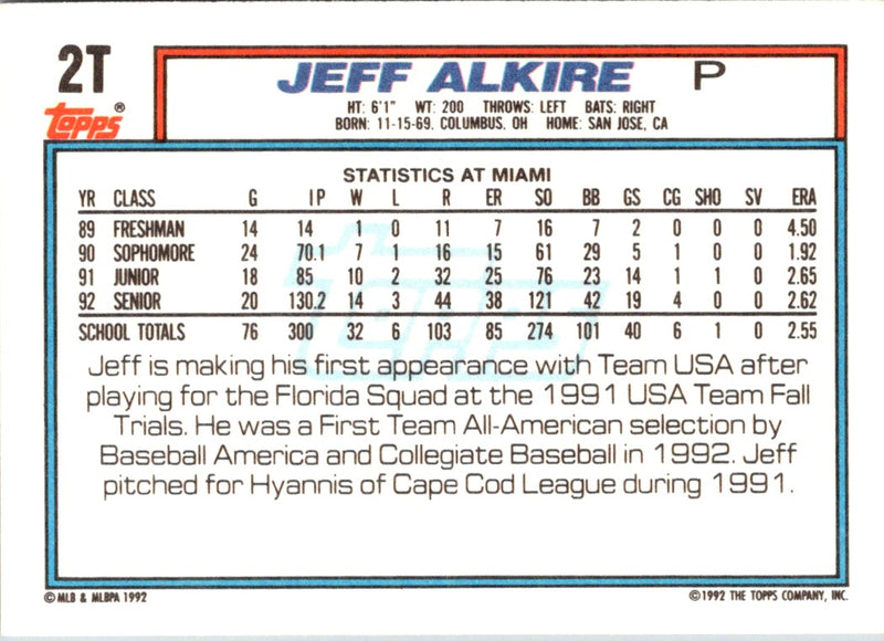 1992 Topps Traded Jeff Alkire