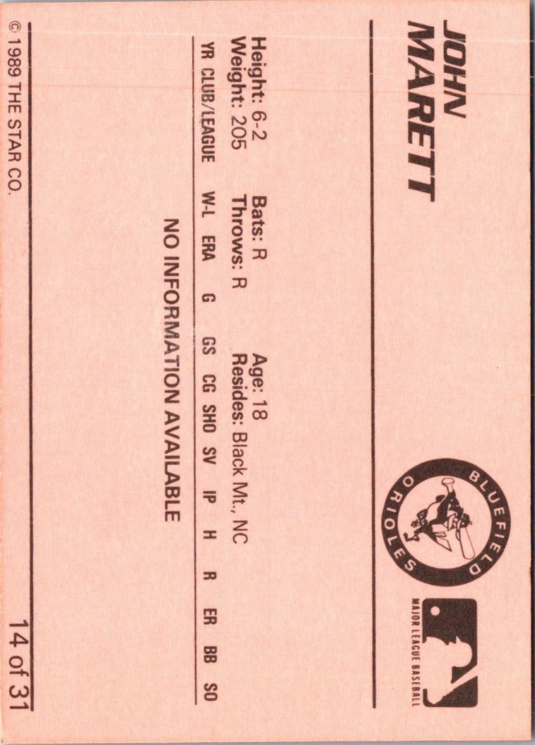1989 Star Bluefield Orioles John Marett