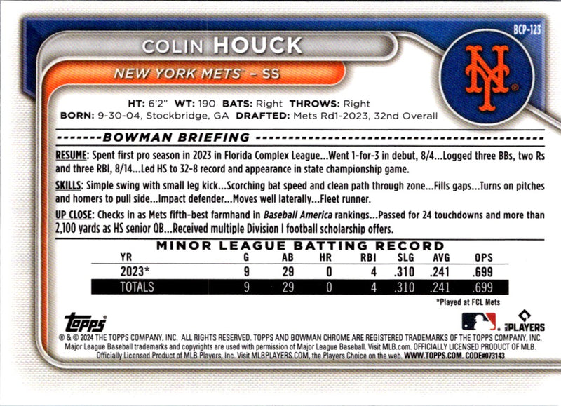 2024 Bowman Chrome Prospects Colin Houck