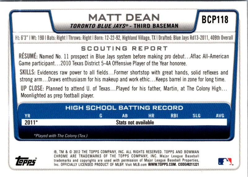 2012 Bowman Chrome Prospects Matt Dean