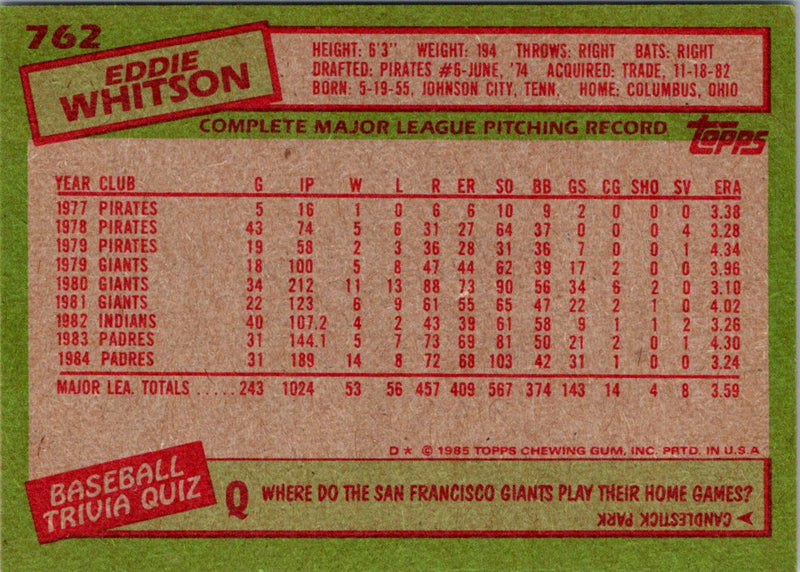 1985 Topps Eddie Whitson