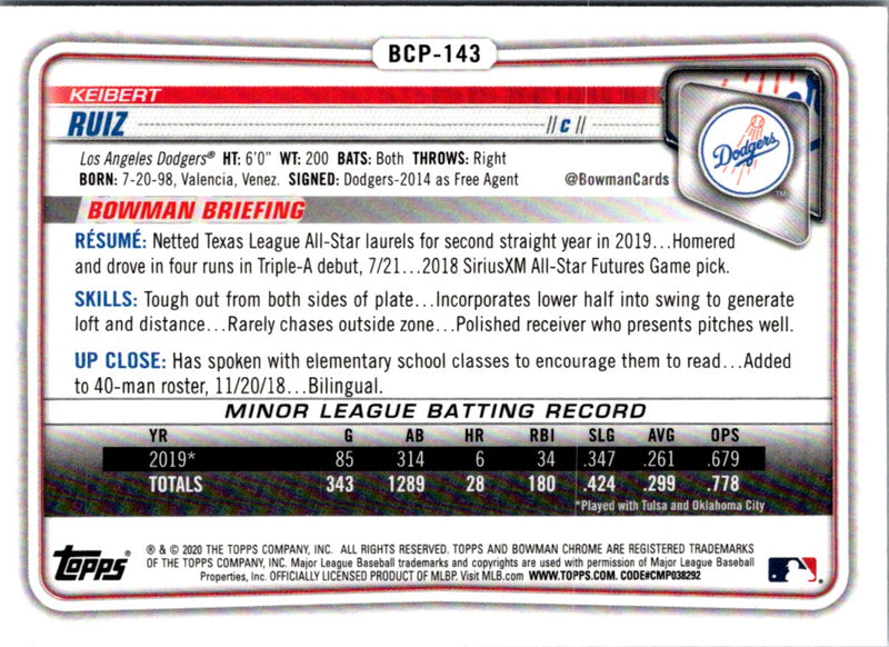 2020 Bowman Chrome Prospects Keibert Ruiz