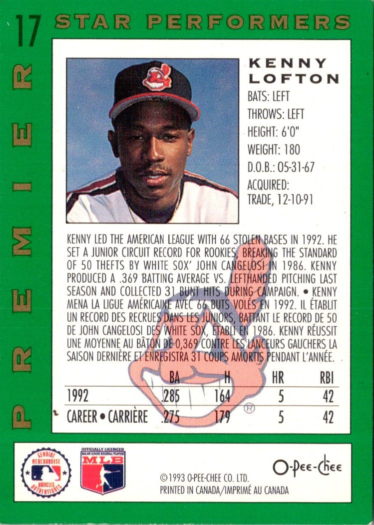 1993 O-Pee-Chee Premier Star Performers Kenny Lofton