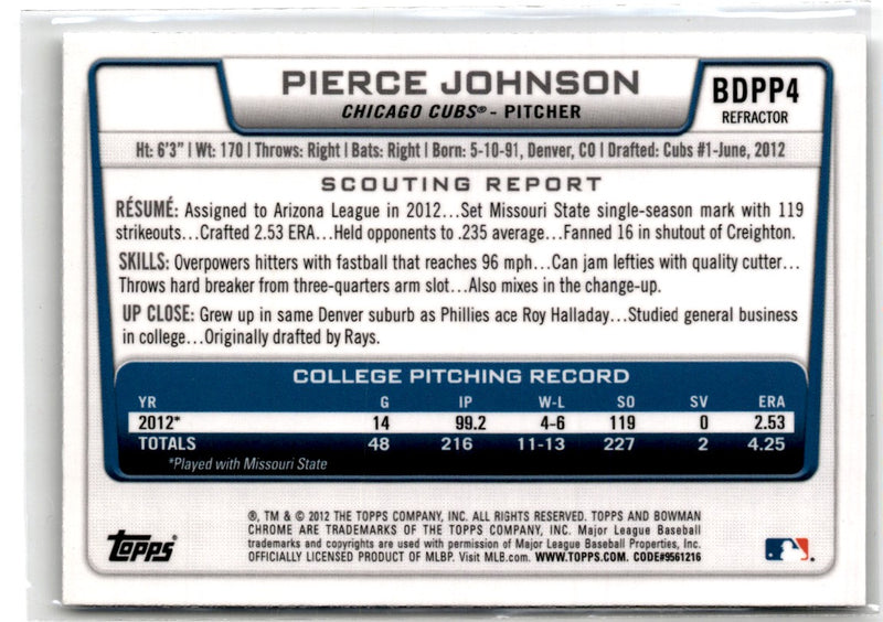 2012 Bowman Draft Picks & Prospects Chrome Pierce Johnson