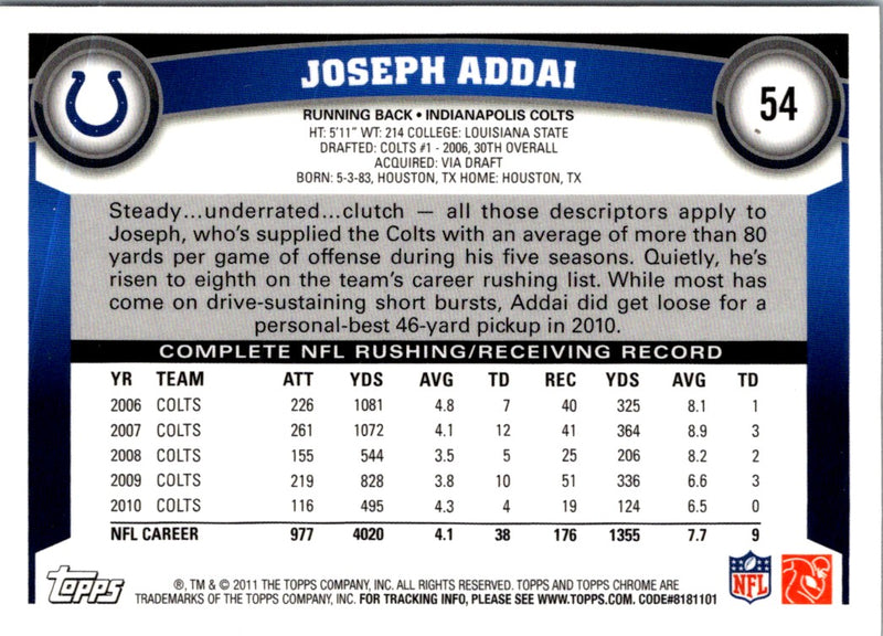 2011 Topps Chrome Joseph Addai