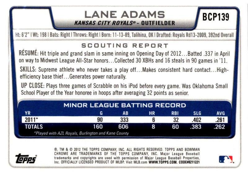 2012 Bowman Chrome Prospects Lane Adams