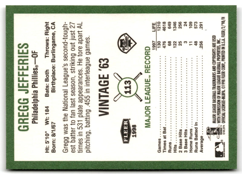 1998 Philadelphia Phillies Photocards Gregg Jefferies