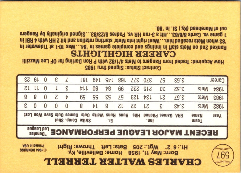1985 Donruss Walt Terrell
