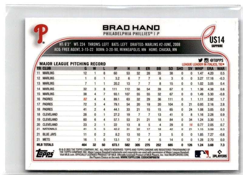 2022 Topps Chrome Update Sapphire Edition Brad Hand