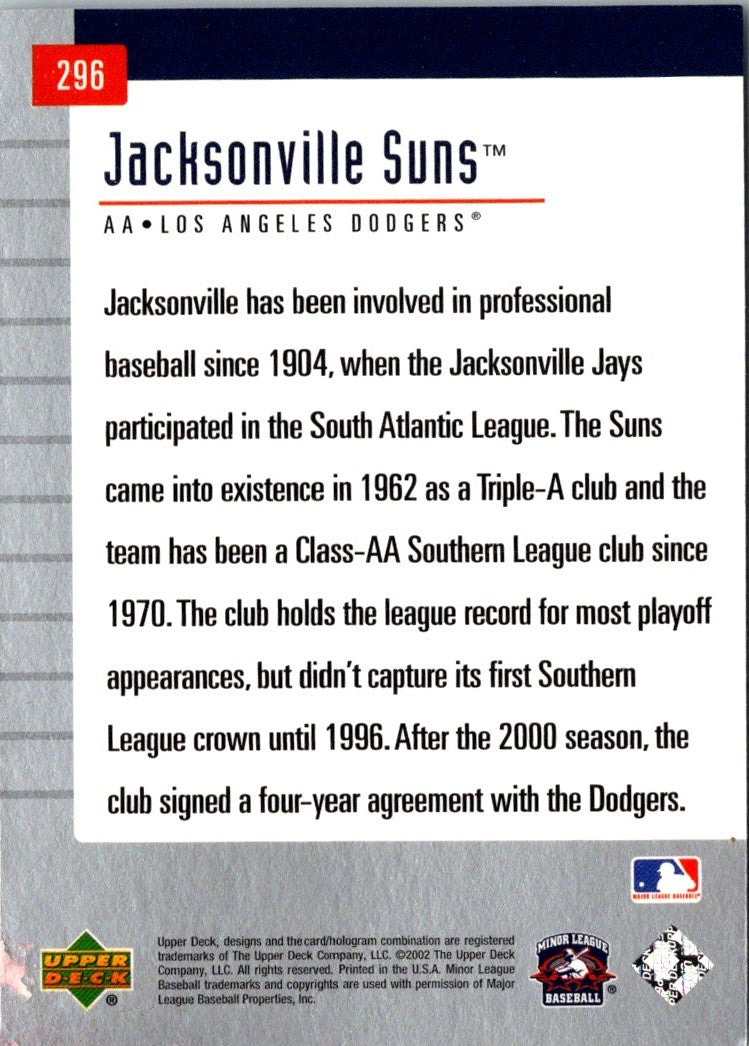 2002 Upper Deck Minor League Jacksonville Suns