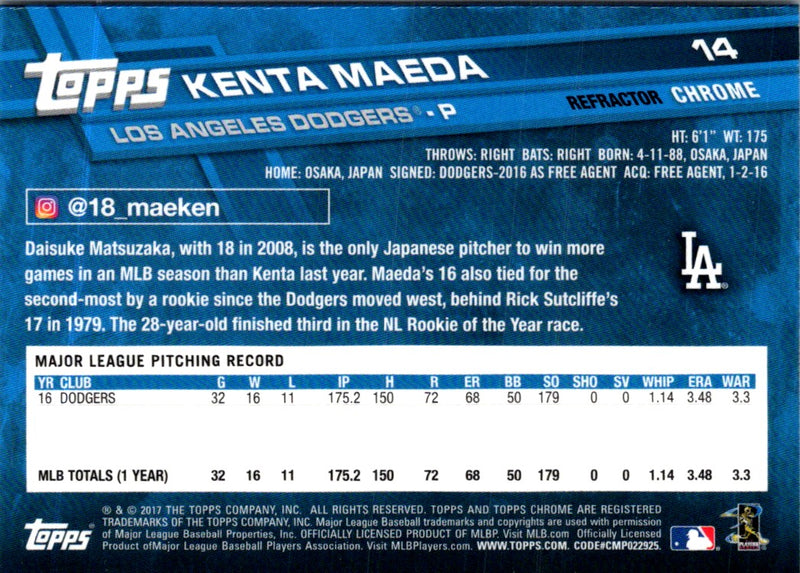 2017 Topps Chrome Refractor Kenta Maeda