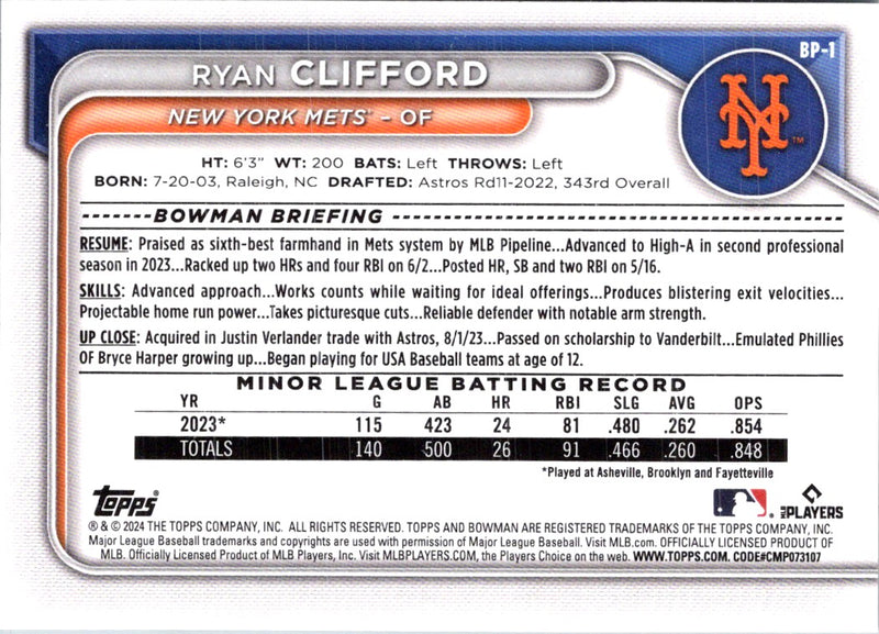 2024 Bowman Prospects Ryan Clifford