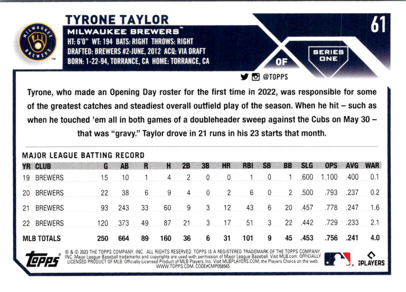 2023 Topps Gold Tyrone Taylor