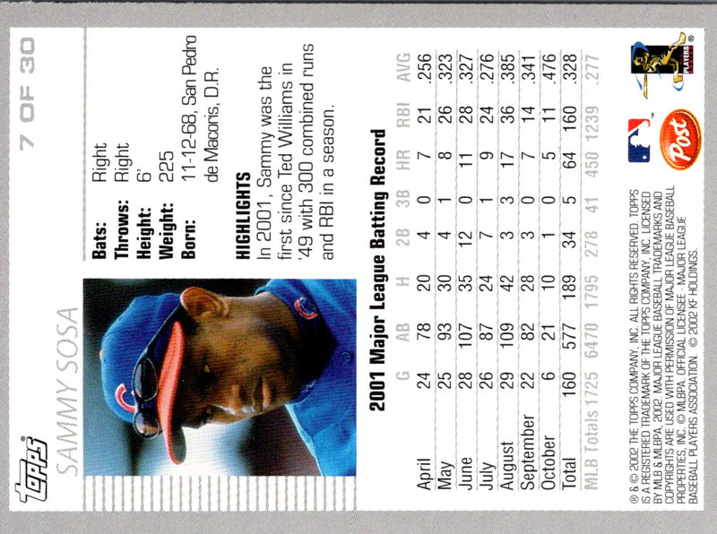 2002 Topps Post Cereal Sammy Sosa