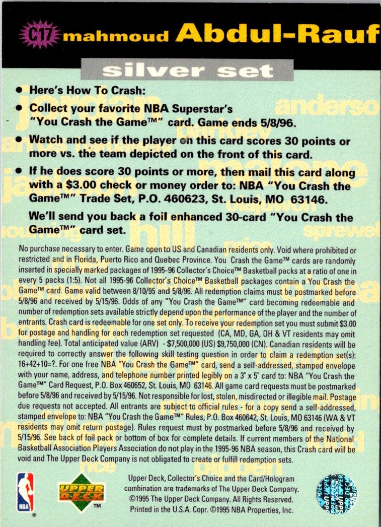 1995 Collector's Choice You Crash the Game Scoring Silver Exchange Mahmoud Abdul-Rauf