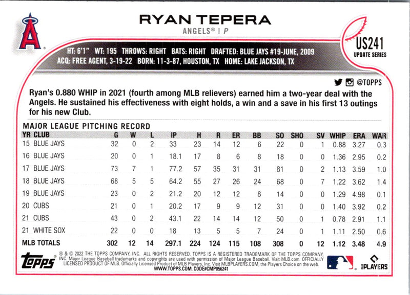 2022 Topps Update Ryan Tepera