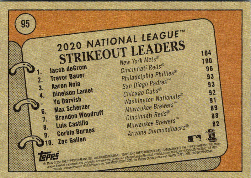 2021 Topps Heritage 2020 NL Strikeout Leaders (Jacob deGrom/Trevor Bauer/Aaron Nola) LL