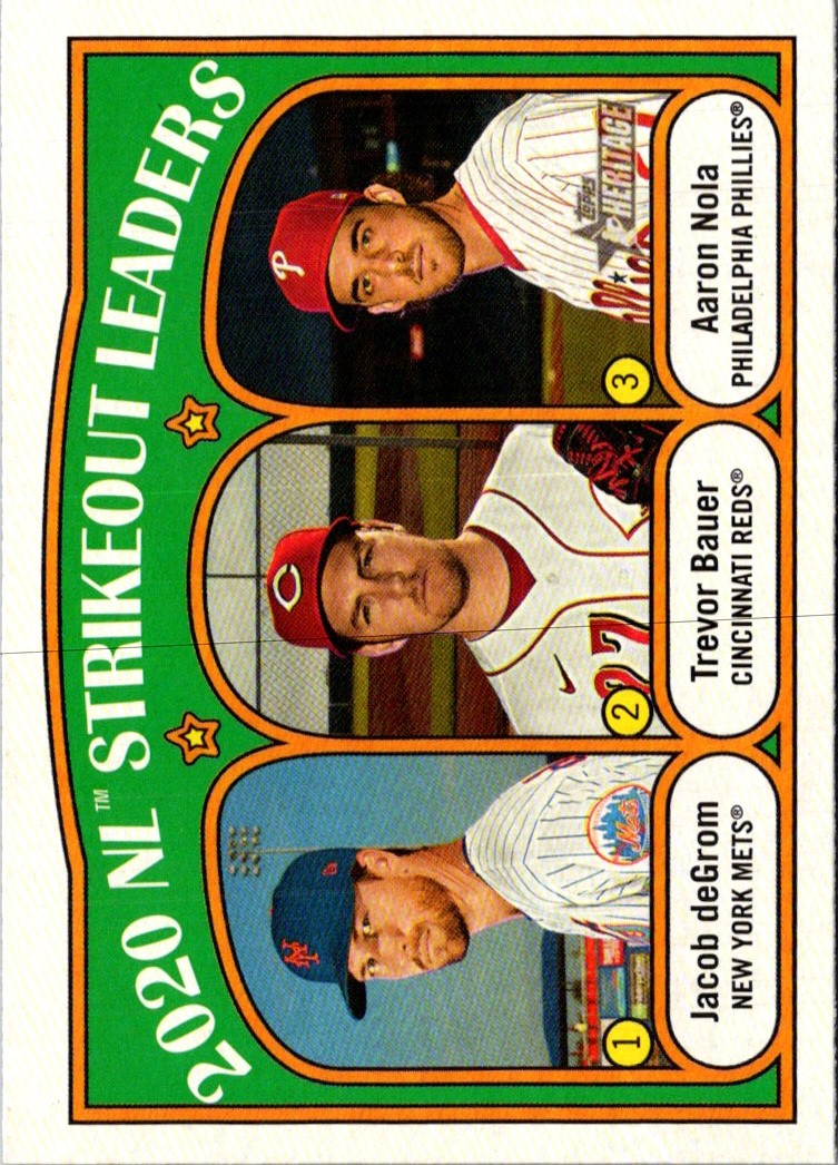 2021 Topps Heritage 2020 NL Strikeout Leaders (Jacob deGrom/Trevor Bauer/Aaron Nola) LL