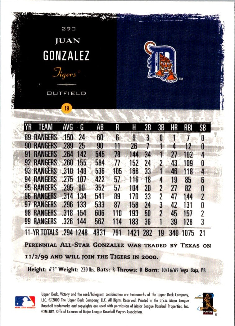 2000 Upper Deck Victory Juan Gonzalez