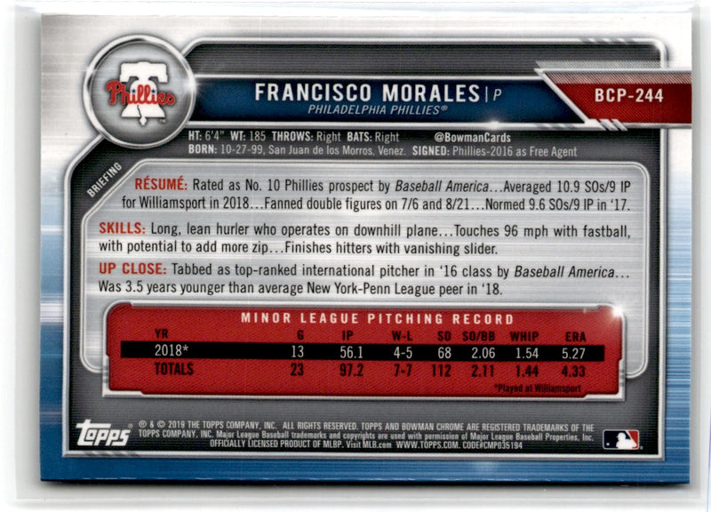 2019 Bowman Chrome Prospects Francisco Morales