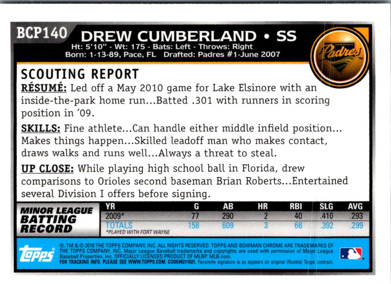 2010 Bowman Chrome Prospects Drew Cumberland