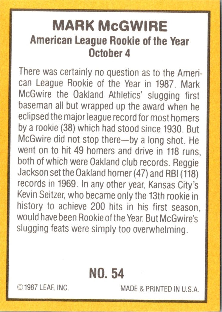 1987 Donruss Highlights Mark McGwire