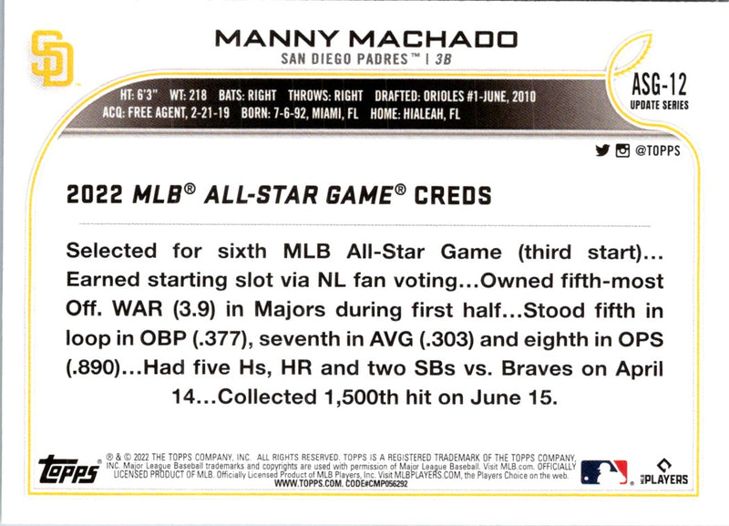 2022 Topps Update 2022 MLB All-Star Game Blue Manny Machado